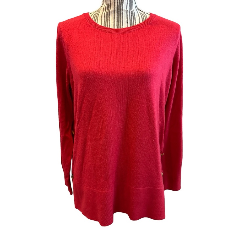 Red Women's Top sweater side button crew neck large LOFT soft & cozy